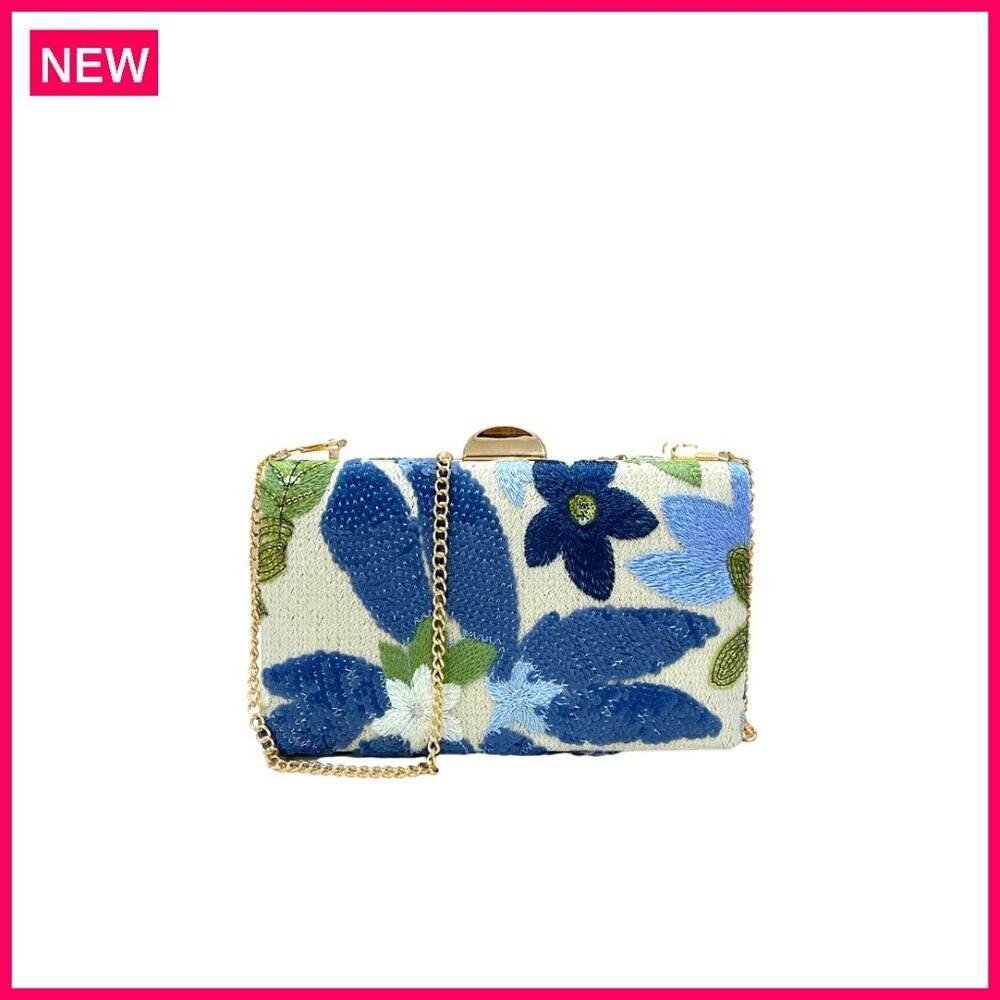 Sequin Floral Embroidery Evening Clutch with Chain Strap, Mini Crossbody Bag